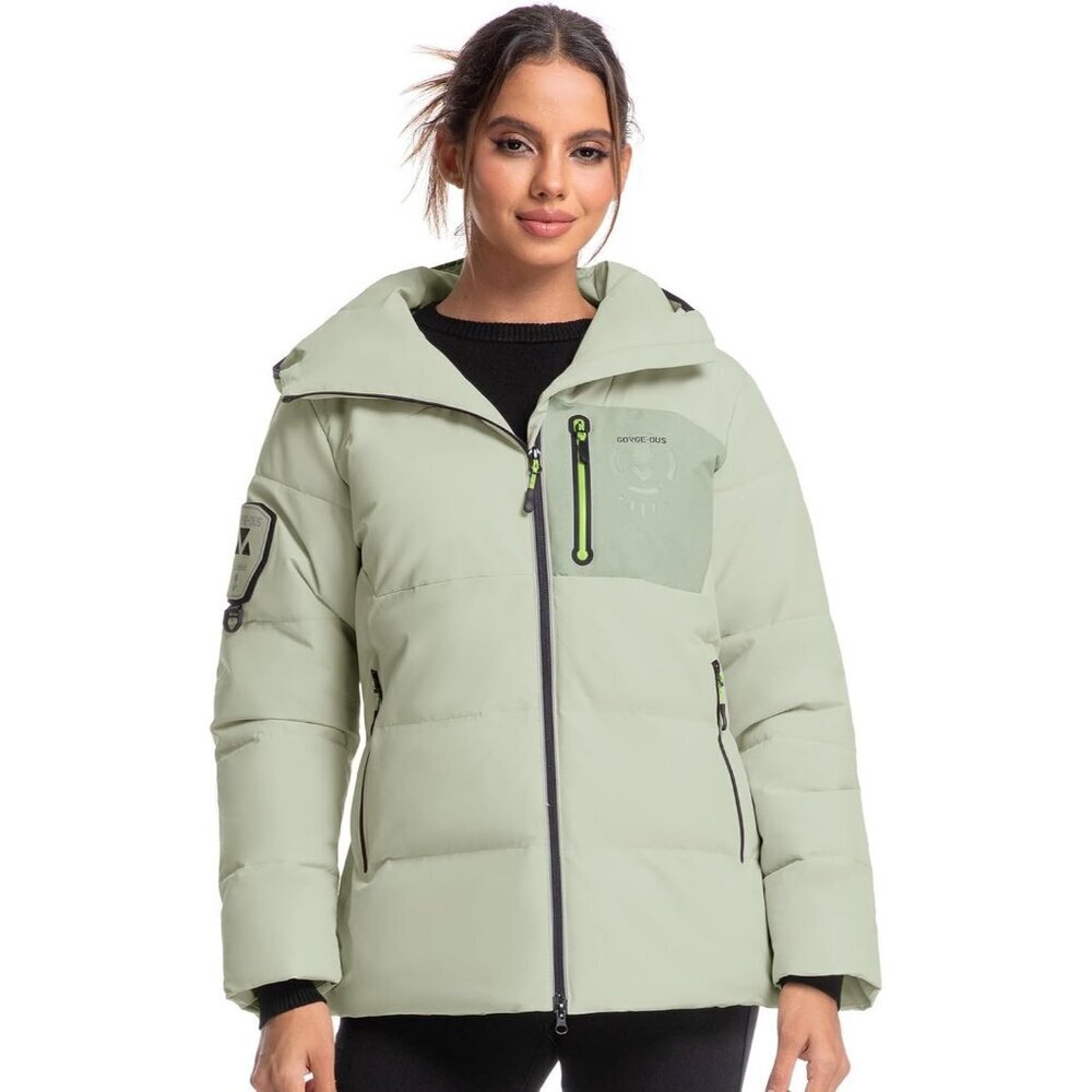Women's Grayish Green Ski Snowboard Jacket Hooded Windproof Multiple Pockets